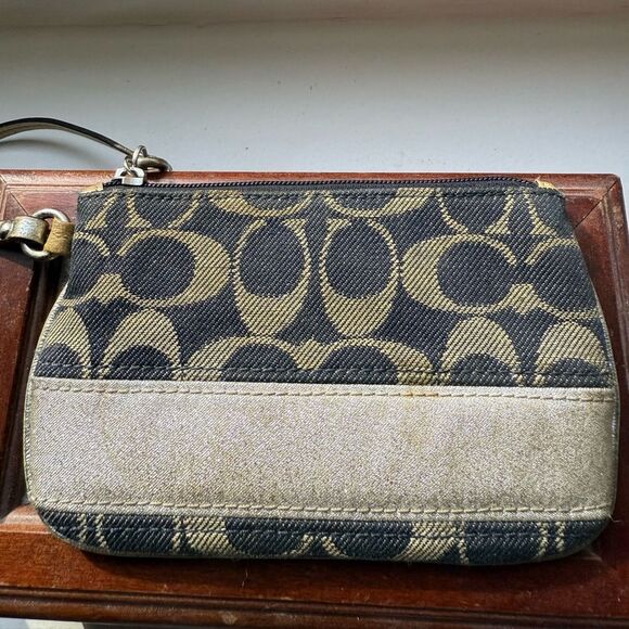 Coach Handbags - Coach Signature Canvas Stripe Black & Gold Mini Wristlet.